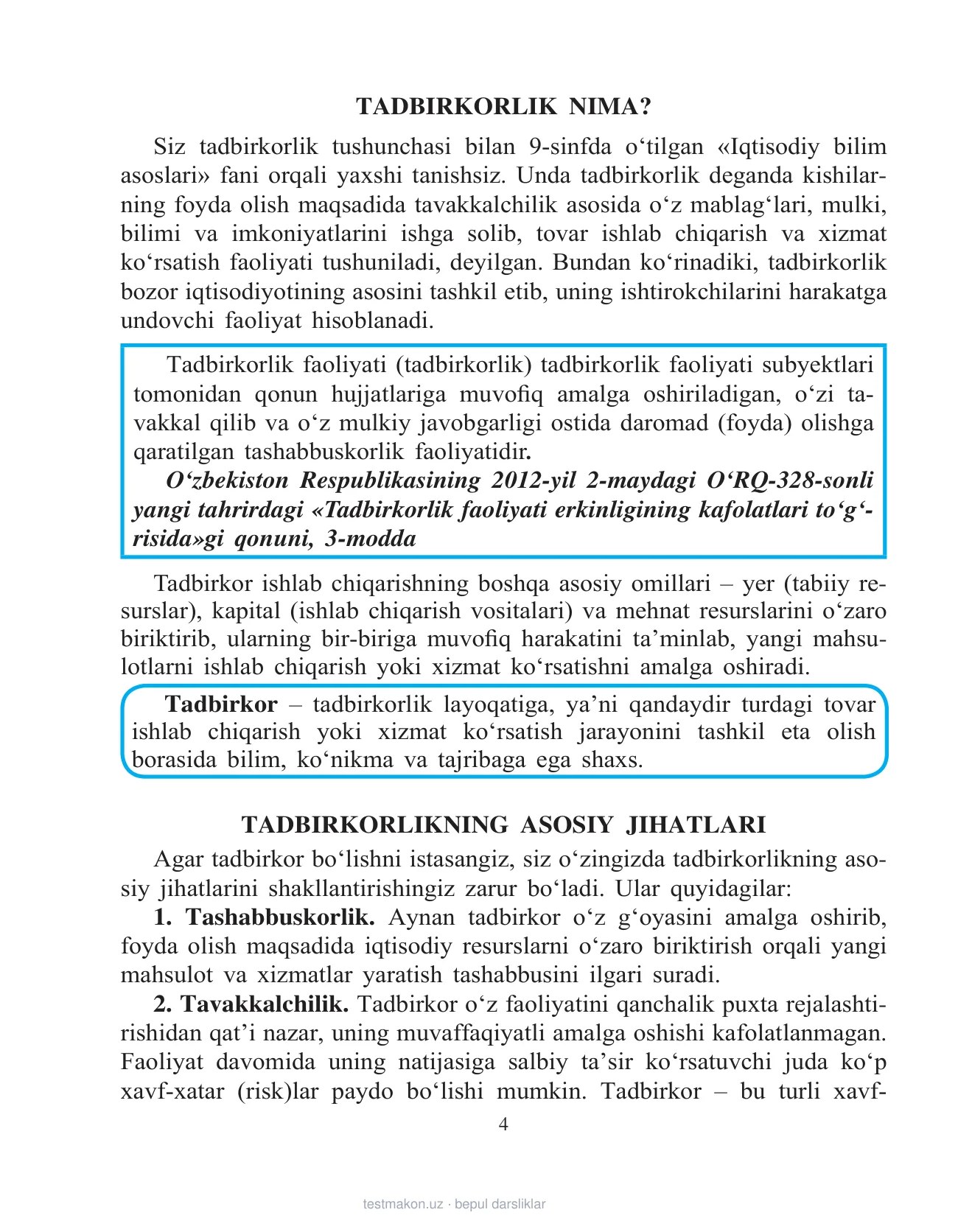 11-sinf Tadbirkorlik asoslari — 4-bet