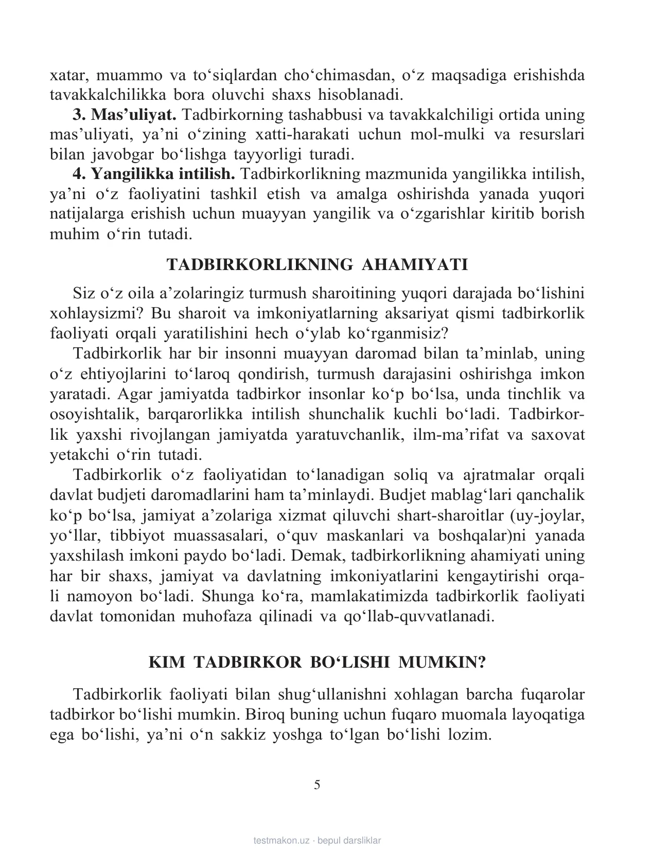 11-sinf Tadbirkorlik asoslari — 5-bet
