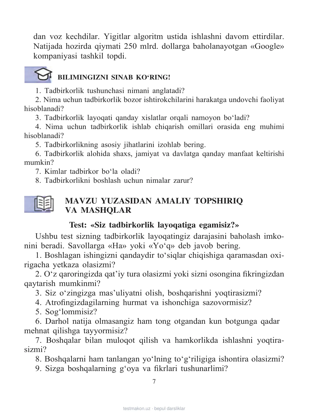 11-sinf Tadbirkorlik asoslari — 7-bet