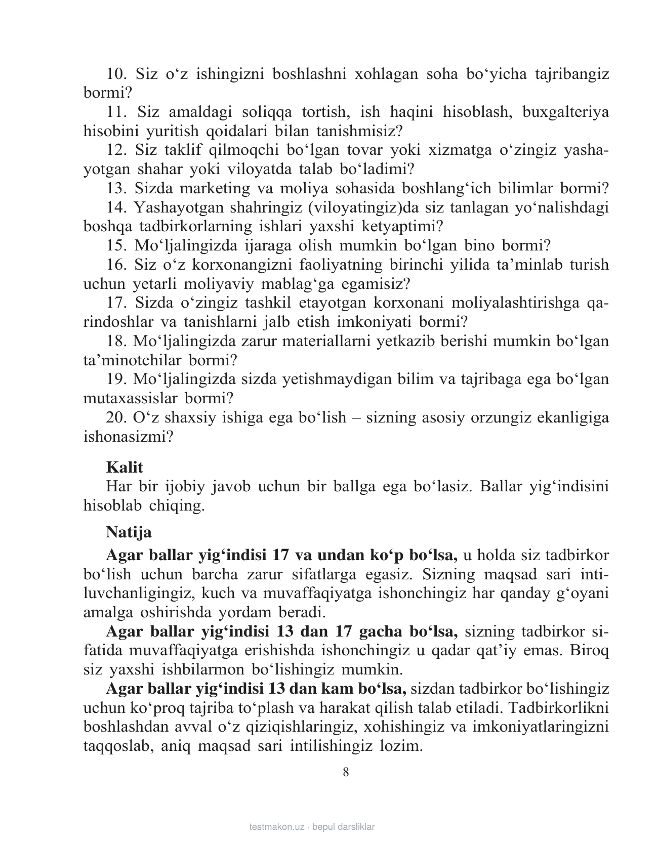 11-sinf Tadbirkorlik asoslari — 8-bet