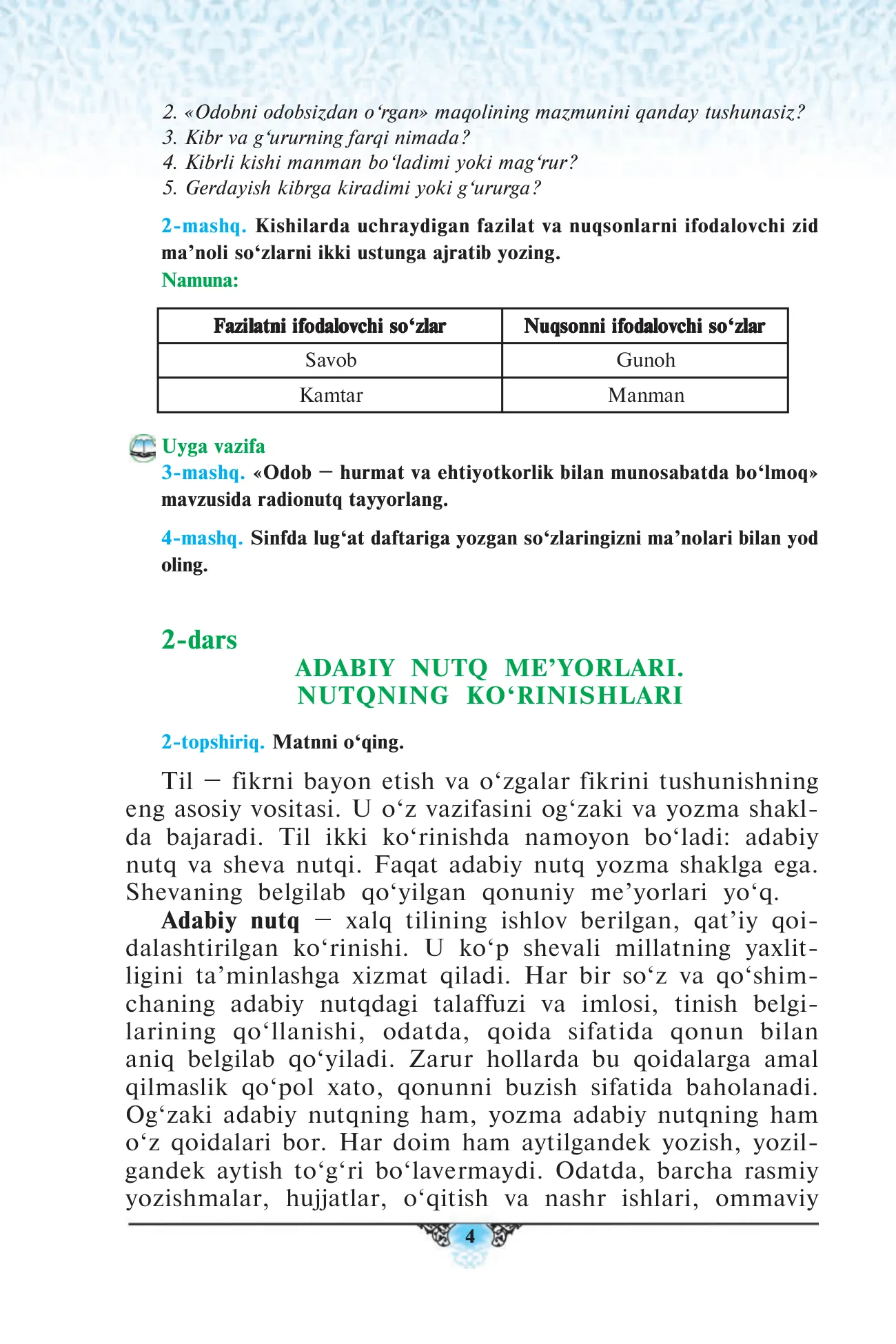 8-sinf Ona tili — 4-bet